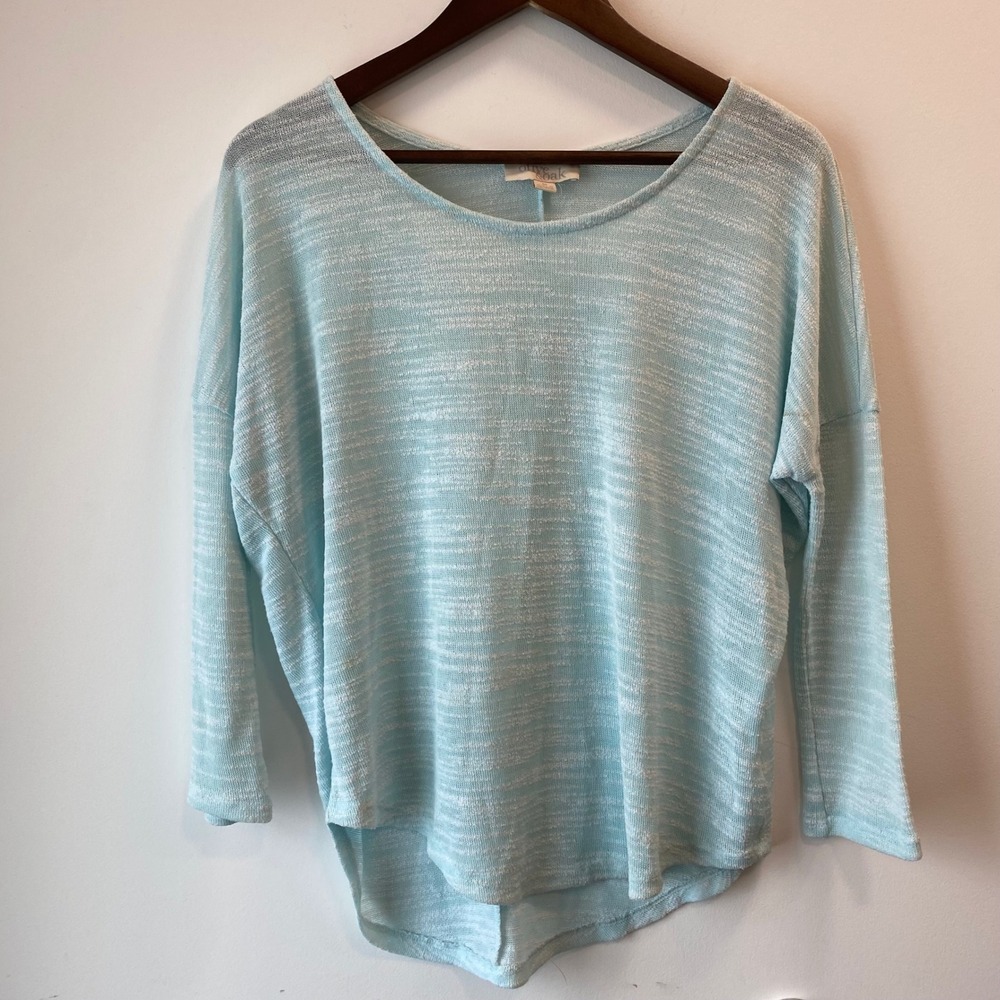 Olive & Oak Top Women Medium Blue Knit High Low Drop Shoulder Long Sleeve Sheer